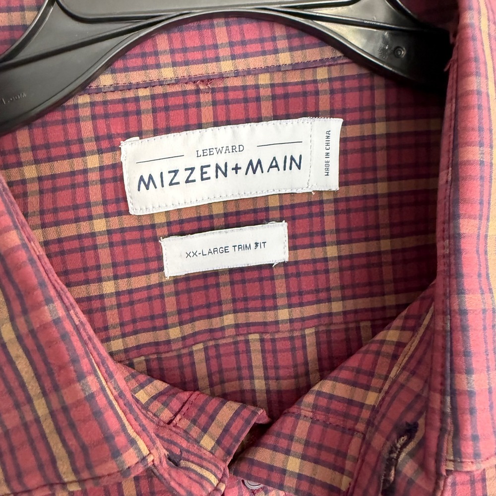 Mizzen+Main Leeward Dress Shirt XXL Trim Fit Burgundy Tan Plaid Performance Mens - Picture 4 of 5